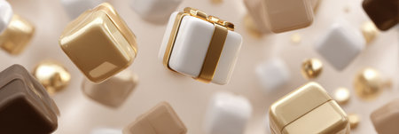 Bold gift boxes in shades of brown, white, and gold hover against a subtle background, adding an artistic touch perfect for special events.の素材