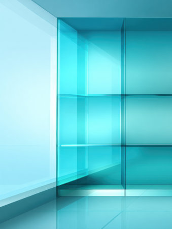 Bright room featuring stylish glass shelving with an elegant aqua tint and soft natural light coming through a large window, creating a serene atmosphere.の素材