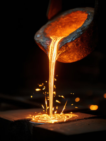 Hot molten metal flows from a crucible into a mold, creating sparks and illuminating the dark workshop environment in a captivating display.の素材