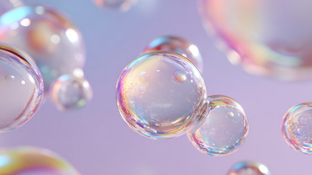 Bubbles of various sizes drift gracefully in the air against a softly colored backdrop, showcasing bright reflections and intricate designs that captivate.の素材