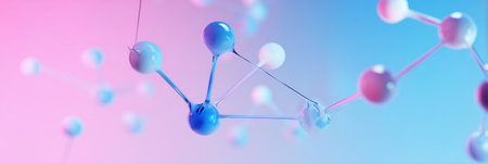 A colorful molecular structure with a pink and blue gradient background, illustrating concepts of science and technology in a dynamic way.の素材