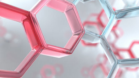 Complex shapes of molecular structures intertwined in red and blue tones create a striking visual that represents scientific concepts and innovation.の素材