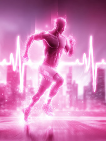 A runner races forward in a glowing pink light, accompanied by a heartbeat line, highlighting energy and movement against a cityscape backdrop.の素材