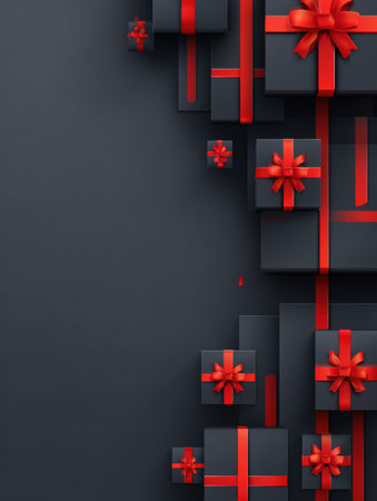A collection of dark gift boxes adorned with bright red bows is arranged against a dark background, setting a cheerful scene for any celebration or event.の素材