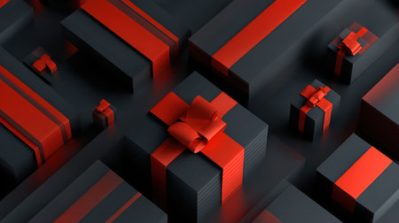 Gift boxes are neatly arranged with black and red colors, showcasing a festive theme perfect for holiday celebrations or special occasions.の素材