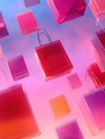 Colorful shopping fl bagsoat in a whimsical arrangement, set against a pastel gradient background that evokes a light and playful mood.の素材