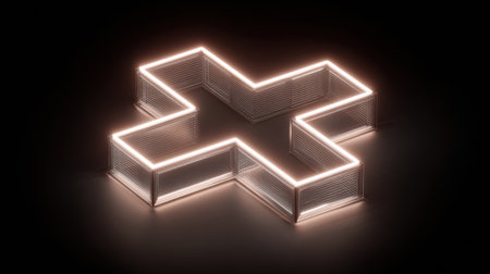 A glowing cross sculpture stands in a dark setting, showing an intricate wireframe design. The soft neon light emphasizes the artistic details and shapes.の素材
