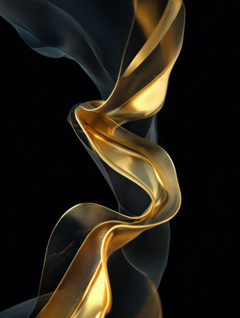 Golden ribbons gracefully twist and turn through dark smoke, forming an enchanting pattern on a stark black backdrop. The contrast highlights their beauty.の素材