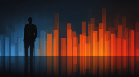 A businessman in a suit stands silhouetted against a vibrant abstract data visualization.の素材
