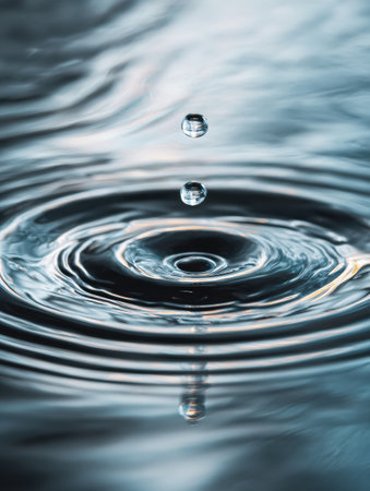 A single water droplet falls into a calm, reflective pond, causing soft ripples that fade into the serene surface. Light dances on the water.の素材