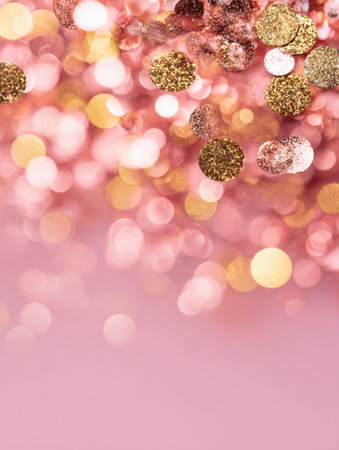 Bright pink backdrop features shimmering gold and rose glitter with soft bokeh lights, perfect for adding a celebratory touch to any event.の素材