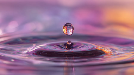 Rippling water shows the moment a drop falls, generating waves and colorful reflections, creating a serene atmosphere with a dreamy feel.の素材