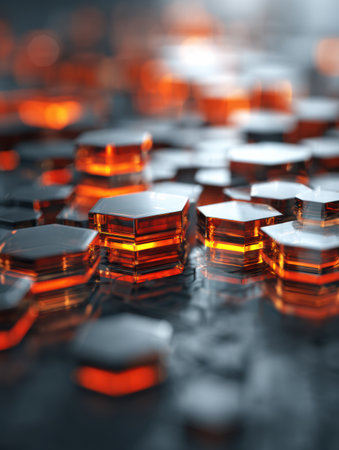 Hexagonal shapes in vibrant orange tones are arranged on a dark, textured surface, creating a striking visual effect filled with warmth and texture.の素材
