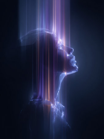A human silhouette emerges with abstract light beams and colors creating an ethereal atmosphere in a dark setting, evoking a sense of wonder.の素材