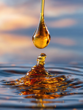 A droplet of golden liquid descends gracefully, creating ripples on calm water under a colorful sunset sky, capturing a moment of natural beauty.の素材