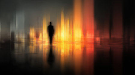 A dark figure stands alone amid glowing colors that blend into an abstract backdrop, creating an air of mystery during twilight hours in a dreamy scene.の素材