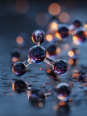 Colorful molecular model stands out against a dark background with wet surfaces and soft bokeh lights, creating a captivating scientific scene.の素材