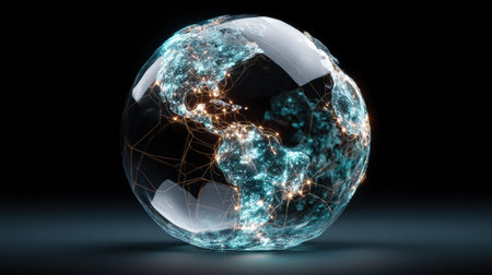 A glowing globe shows detailed continents linked by bright lines, symbolizing global communication and technology on a dark background.の素材