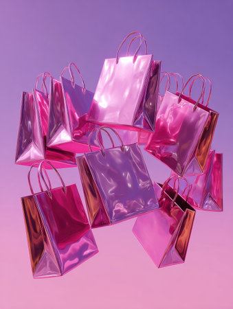 Brightly colored shopping bags in shades of pink hang in a whimsical arrangement against a soft purple background, evoking a sense of fun and excitement.の素材