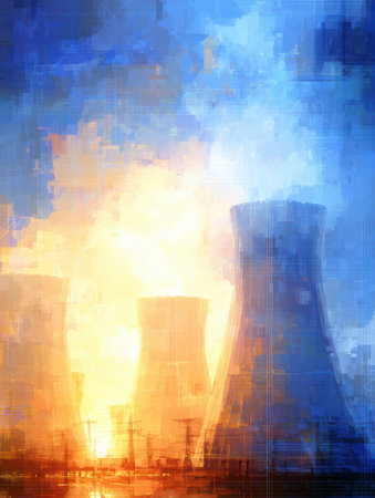 Cooling towers of an energy plant rise against a breathtaking sunset, surrounded by steam and a dramatic sky showcasing warm oranges and cool blues.の素材
