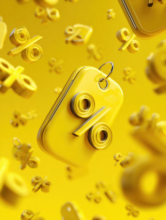 Floating vibrant yellow tags displaying percentage signs create a lively scene, symbolizing discounts and sales in a shopping environment.の素材