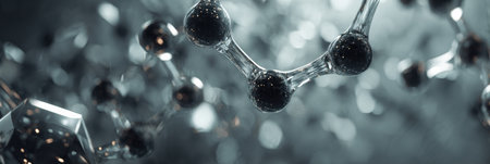 A close-up view of molecular structures highlighting the complexity of atoms and bonds, set against a blurred, modern background.の素材