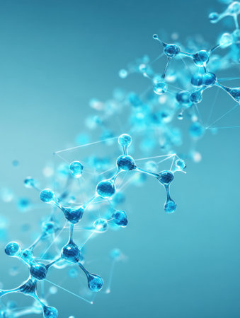 Detailed view of a molecular structure with interconnected blue molecules on a soft blue backdrop, showing the beauty of science and chemistry.の素材