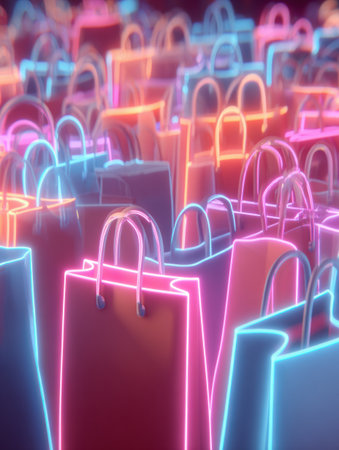 A bustling market scene showcases a myriad of glowing shopping bags, creating an inviting atmosphere for shoppers.の素材