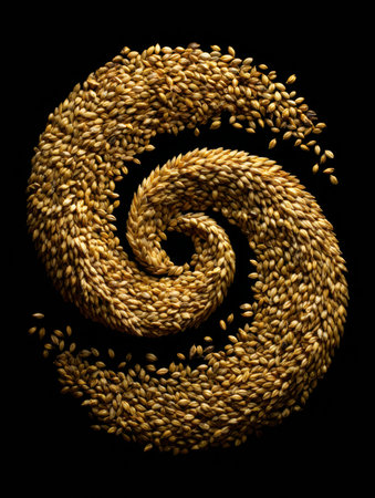 Golden grains are arranged in a swirling pattern on a black background, highlighting the intricate texture and natural beauty of the seeds.の素材