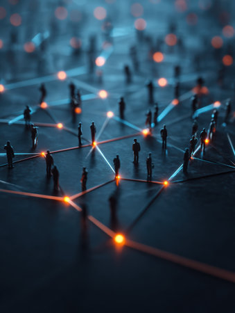 Figures stand amid a glowing network of connections, vibrant lines and nodes create a sense of interaction and connectivity in a digital environment.の素材