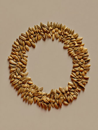 Sunflower seeds are artistically arranged in a circle on a neutral surface, highlighting their natural texture and color.の素材