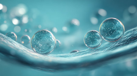Clusters of bubbles rest on a smooth, textured surface while shimmering turquoise water creates a serene and calming atmosphere.の素材