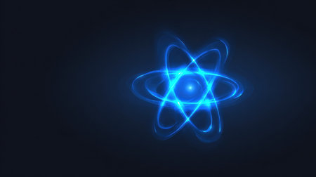 Bright glowing atom symbol emphasizes themes of science, technology, and innovation against a dark background, creating a captivating visual effect.の素材