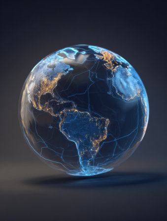 A detailed illustration of Earth highlighting the continents and bright city lights, emphasizing geographical features on a dark backdrop.の素材