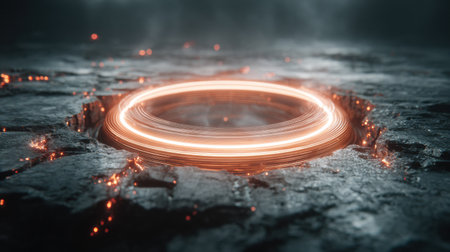 A glowing portal shines from a cracked surface, set against a dark, swirling backdrop of energy, creating a captivating sight.の素材