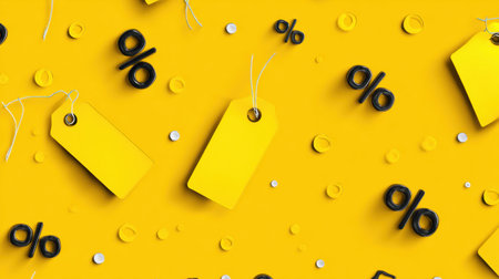 Bright yellow backdrop filled with sale tags and percentage symbols evokes a festive shopping vibe perfect for promotions and discounts.の素材