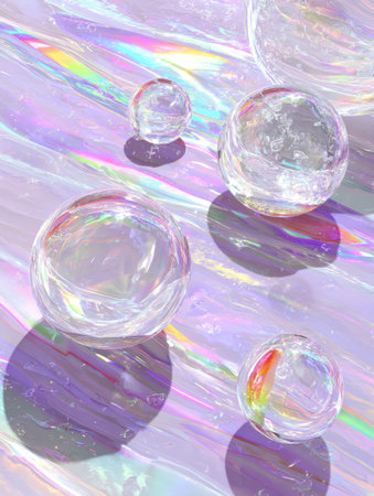 Translucent bubbles are scattered across a shimmering iridescent surface, creating a vibrant interplay of light and color, reflecting a serene atmosphere.の素材