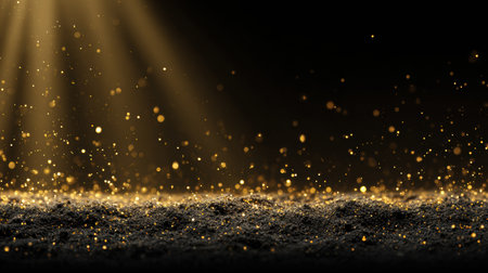 Golden dust particles twinkle in beams of light, illuminating the dark space and creating an ethereal and enchanting atmosphere.の素材