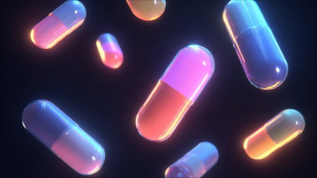 Bright, vivid capsules are suspended in a dark space, creating an eye-catching visual effect. The light reflects off their surfaces, enhancing their colors.の素材