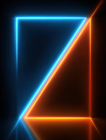 Bright neon blue and orange light forms geometric shapes on a dark backdrop, showing a modern and futuristic design with reflective surfaces.の素材