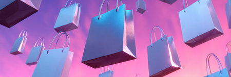 Floating shopping bags are suspended in a colorful twilight sky. The bright hues of pink and blue create a playful and artistic scene filled with imagination.の素材