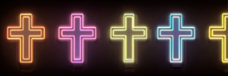 Colorful neon crosses are arranged in a row against a dark background, showing bright pink, purple, yellow, and blue tones for a striking visual effect.の素材