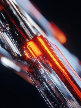 Close-up view reveals detailed crystal formations with striking clarity, showing a mix of transparent and red elements set against a dark background.の素材