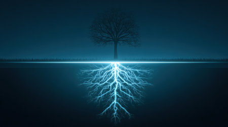 A striking tree stands alone in darkness, its roots radiating electric energy, symbolizing the connection between earth and sky during nighttime.の素材