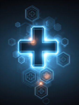 A bright blue medical cross symbol shines amid various hexagonal shapes, illustrating the intersection of health and technology in a modern digital design.の素材