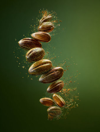 Captured in stunning detail, seeds spiral upward, surrounded by particles of dust, symbolizing growth and life against a serene green backdrop.の素材