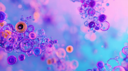 Vibrant colors depict a fascinating abstract scene of bubbles and cells floating against a soft blue background, highlighting intricate details and patterns.の素材