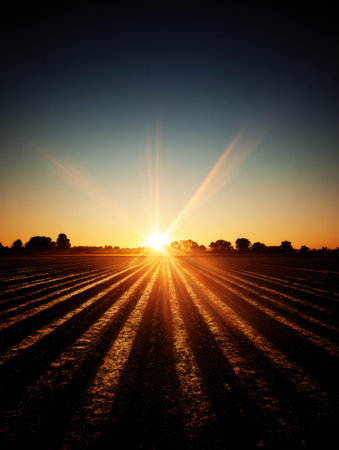 Golden sunlight breaks over the horizon illuminating farm fields, casting long shadows across the earth and marking the start of a new day.の素材