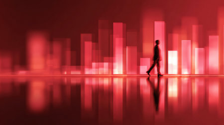 A person strolls through a red illuminated cityscape with vertical light bars reflecting on the ground at night, creating a unique atmosphere.の素材
