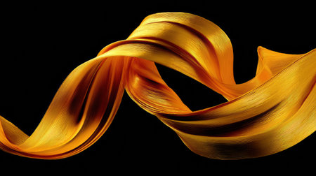 Golden fabric swirls gracefully in a dynamic shape against a black backdrop, highlighting its soft texture and luminous sheen in a striking visual displayの素材